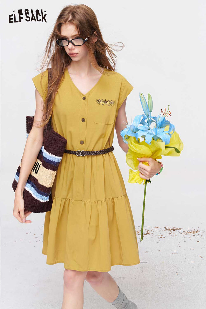 ELFSACK V-Neck Belted Tiered Button-Front Dress