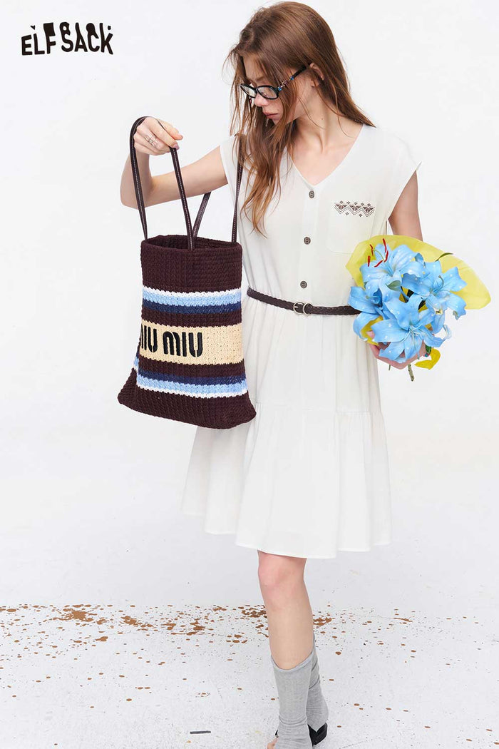 ELFSACK V-Neck Belted Tiered Button-Front Dress