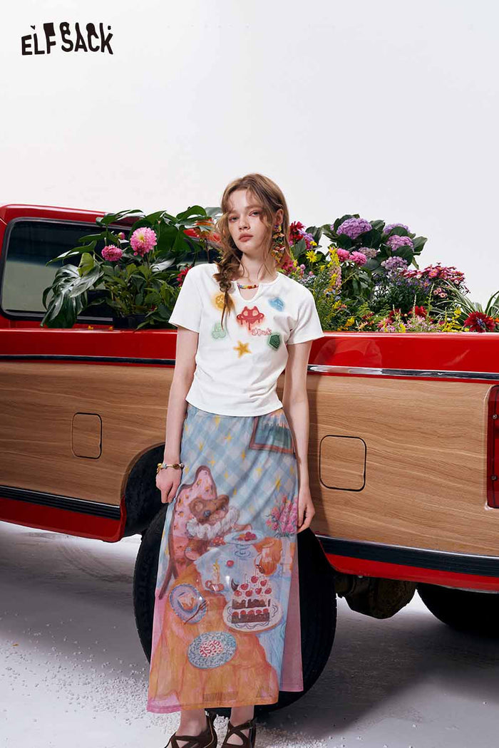ELFSACK V-Neck Colorful Letter Knit Slim Tee