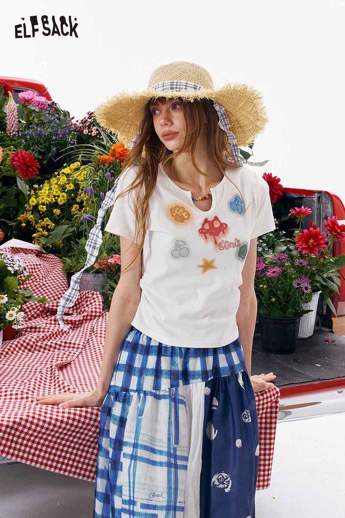 ELFSACK V-Neck Colorful Letter Knit Slim Tee