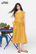 ELFSACK V Neck Eyelet Split Hem Midi Dress