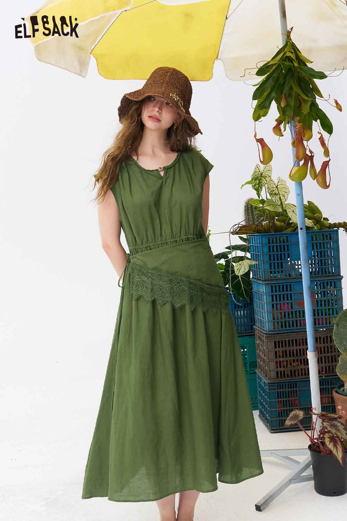 ELFSACK V Neck Eyelet Split Hem Midi Dress