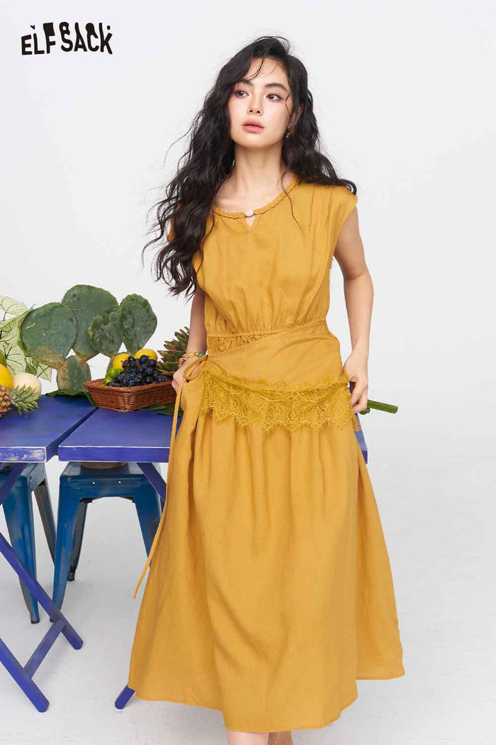 ELFSACK V Neck Eyelet Split Hem Midi Dress