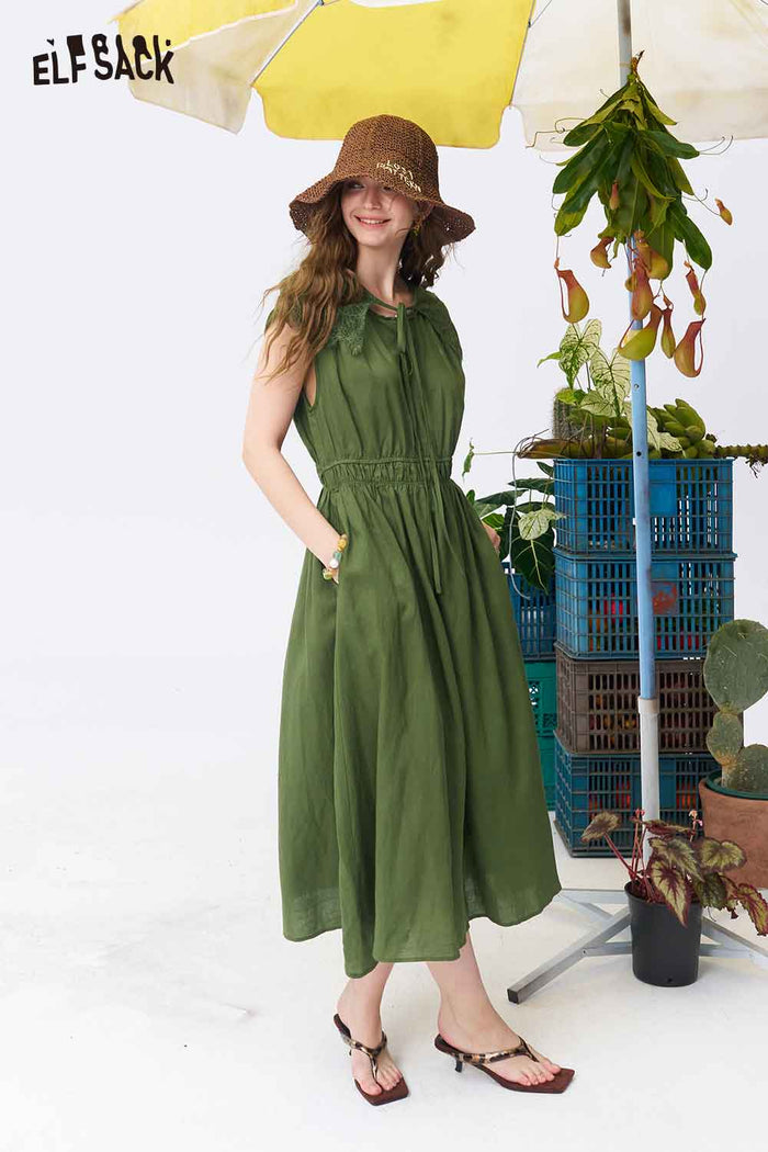 ELFSACK V Neck Eyelet Split Hem Midi Dress