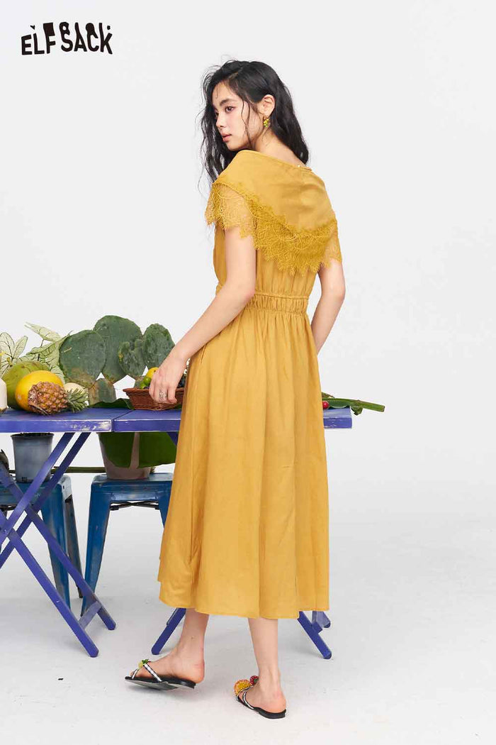 ELFSACK V Neck Eyelet Split Hem Midi Dress