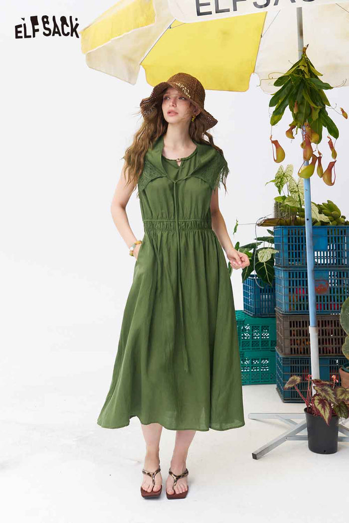 ELFSACK V Neck Eyelet Split Hem Midi Dress