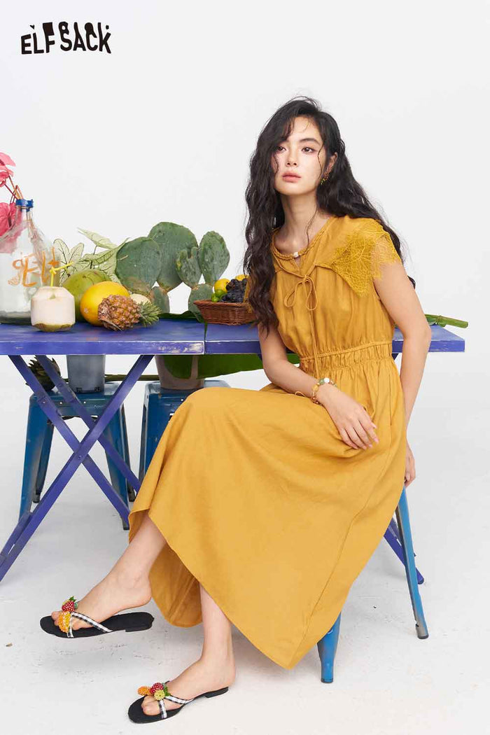 ELFSACK V Neck Eyelet Split Hem Midi Dress