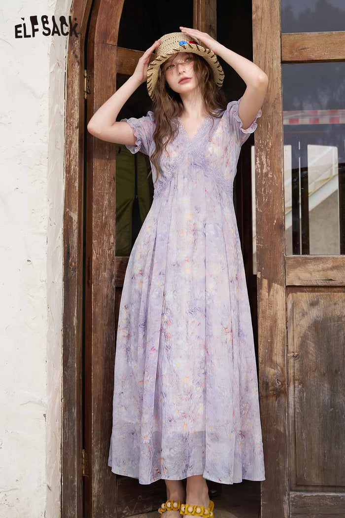 ELFSACK V Neck Floral Ruffle Sleeve Midi Dress