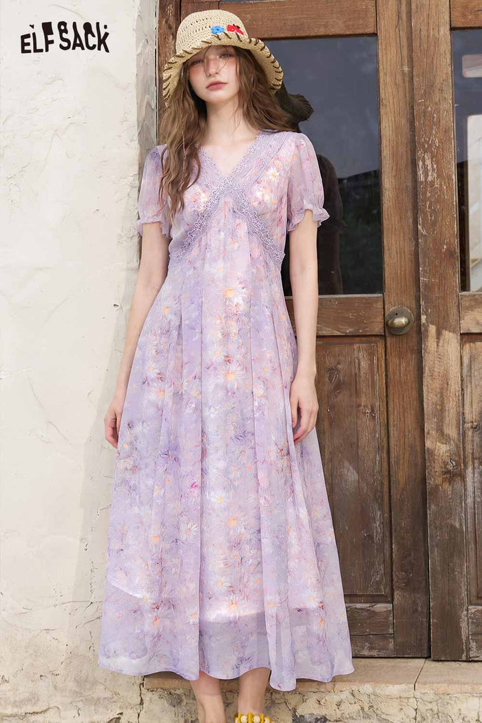 ELFSACK V Neck Floral Ruffle Sleeve Midi Dress