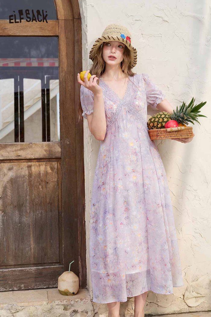 ELFSACK V Neck Floral Ruffle Sleeve Midi Dress