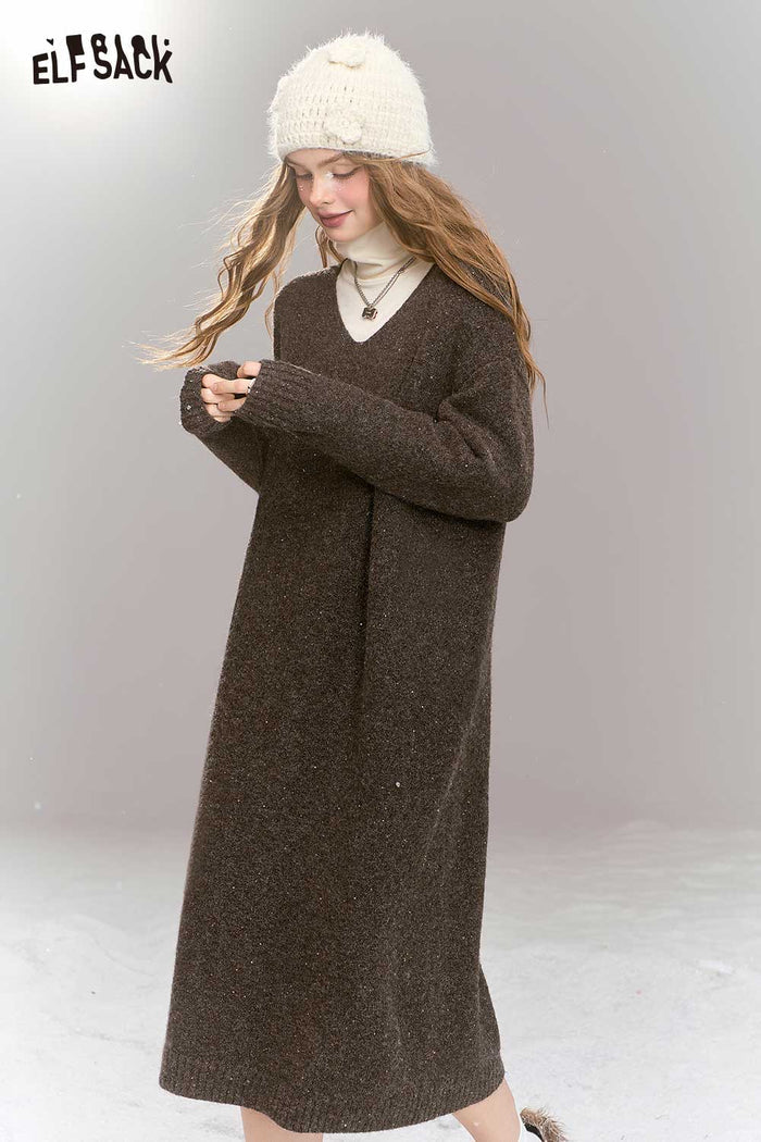 ELFSACK V Neck Knit Midi Dress