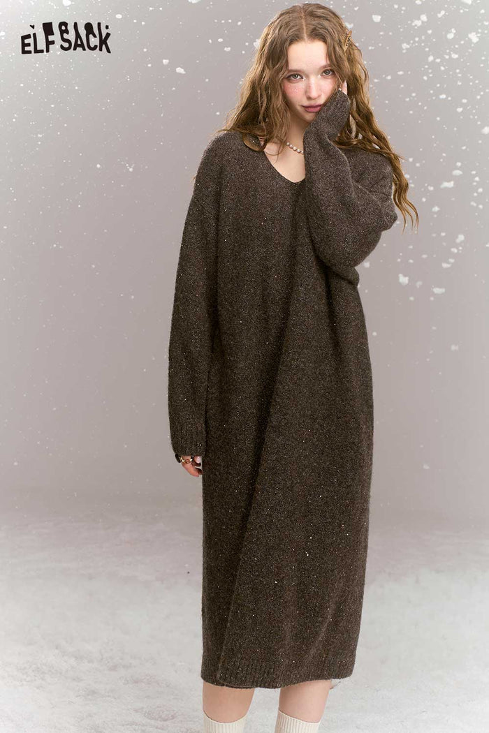 ELFSACK V Neck Knit Midi Dress
