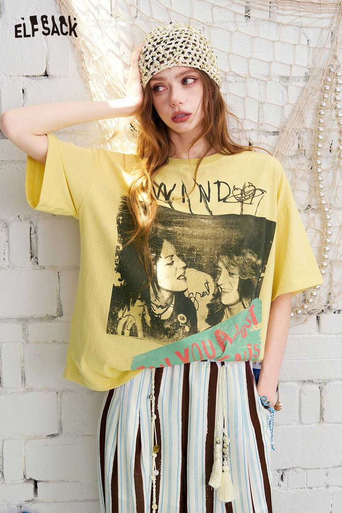 ELFSACK Vintage Band Print Oversized T-Shirt