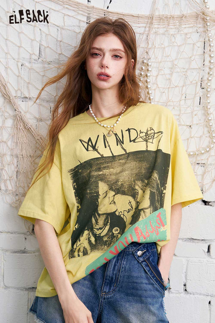 ELFSACK Vintage Band Print Oversized T-Shirt