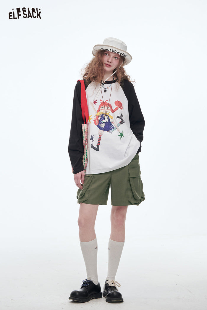 ELFSACK Vintage Cargo Shorts Women Loose Wide Leg Shorts Casual Streetwear