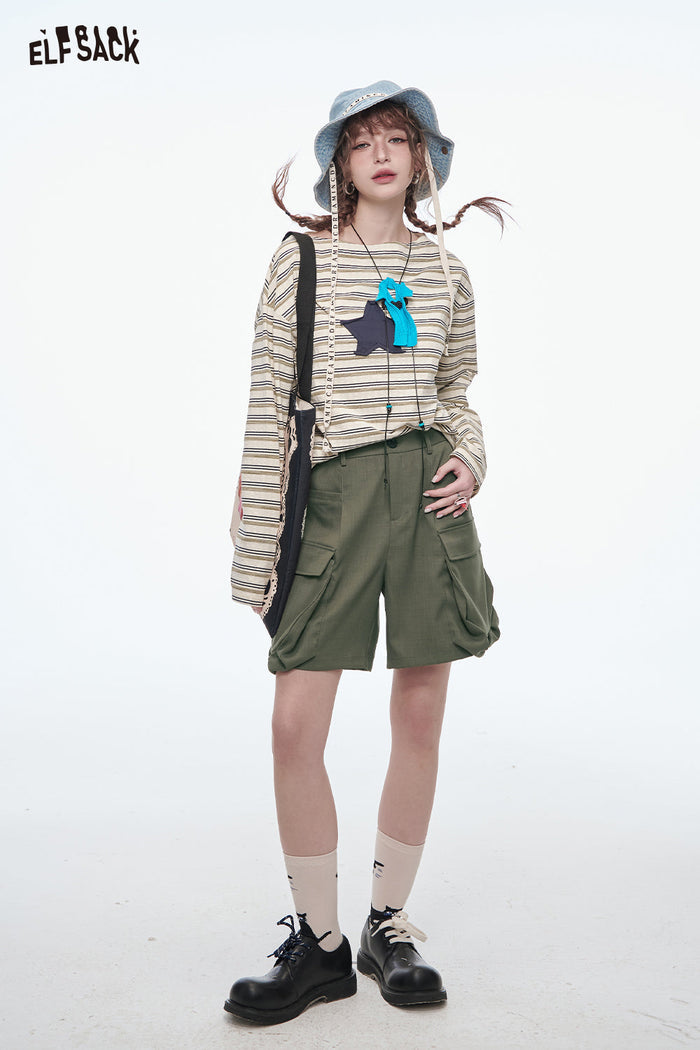ELFSACK Vintage Cargo Shorts Women Loose Wide Leg Shorts Casual Streetwear