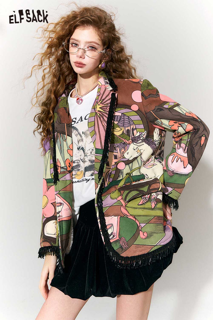 ELFSACK Vintage Fairy Tale Scene Print Fringe Trim Wool Blazer