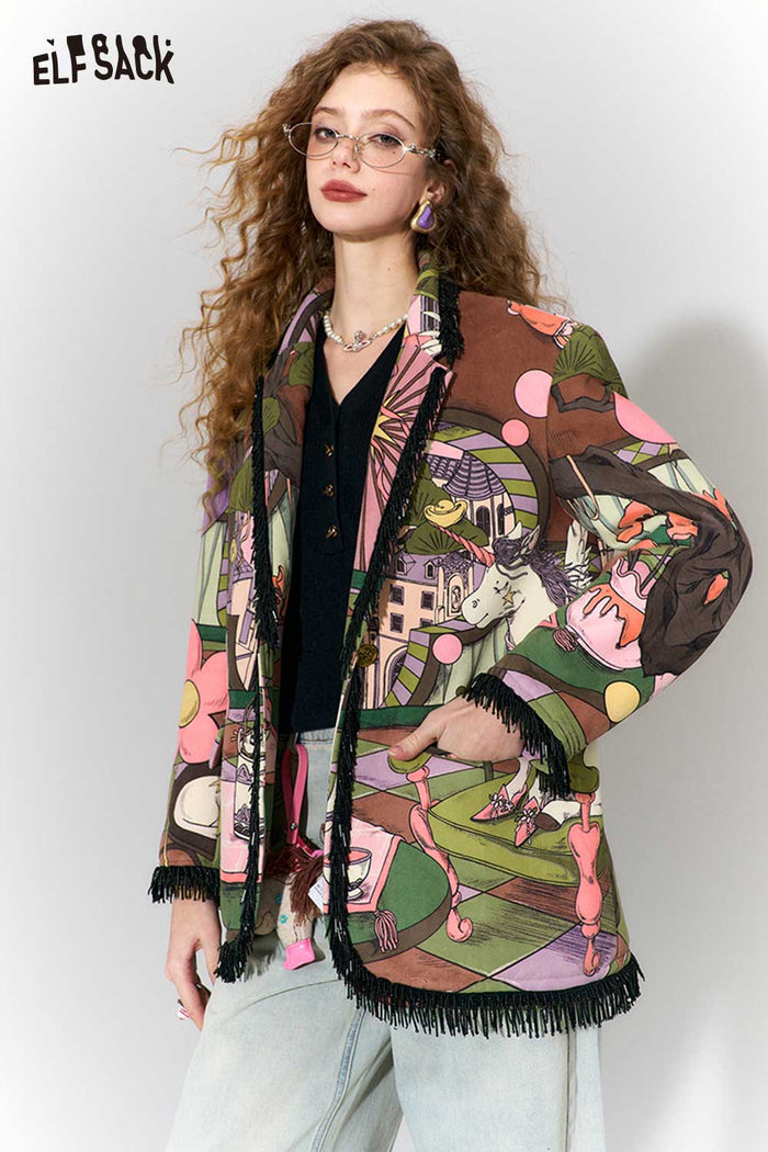 ELFSACK Vintage Fairy Tale Scene Print Fringe Trim Wool Blazer