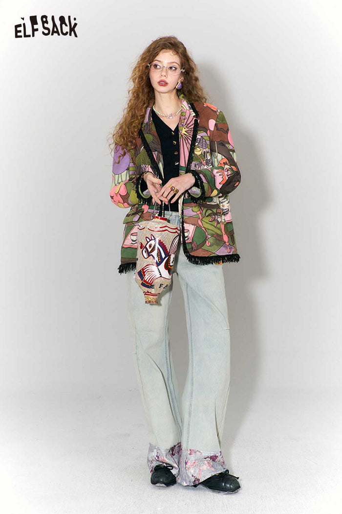 ELFSACK Vintage Fairy Tale Scene Print Fringe Trim Wool Blazer
