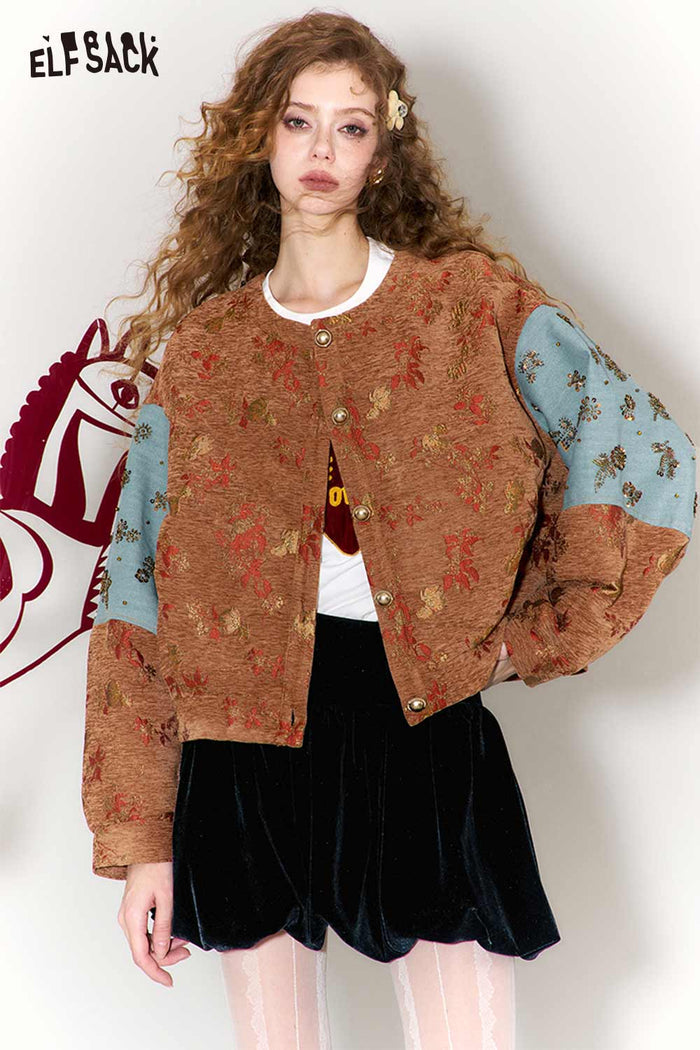 ELFSACK Vintage Floral Jacquard Contrast Sleeve Round Neck Short Jacket