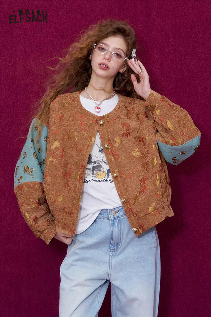 ELFSACK Vintage Floral Jacquard Contrast Sleeve Round Neck Short Jacket