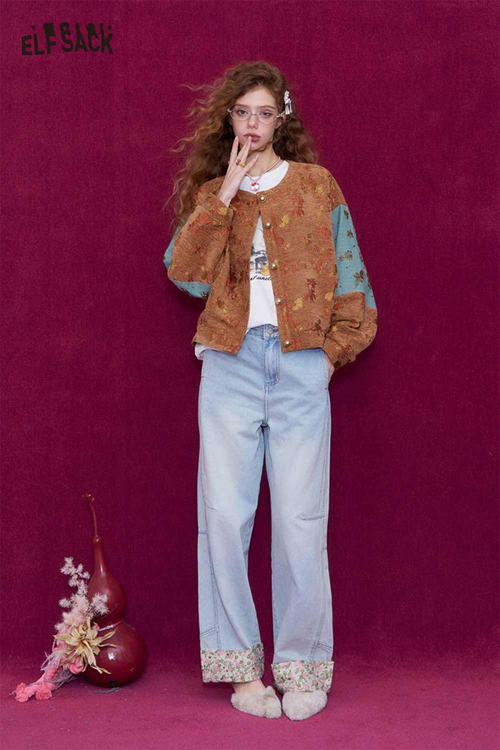 ELFSACK Vintage Floral Jacquard Contrast Sleeve Round Neck Short Jacket