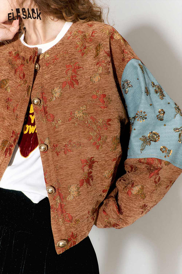 ELFSACK Vintage Floral Jacquard Contrast Sleeve Round Neck Short Jacket