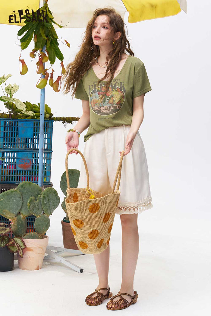 ELFSACK Vintage Fruit Print V Neck Tee