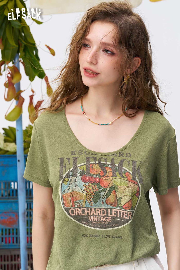 ELFSACK Vintage Fruit Print V Neck Tee