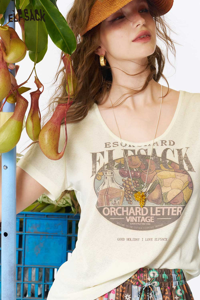 ELFSACK Vintage Fruit Print V Neck Tee