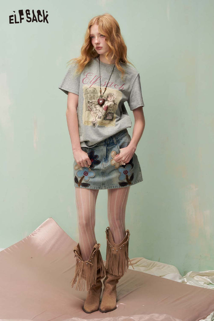 ELFSACK Vintage Girl Portrait Print Short Sleeve Tshirt