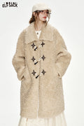 ELFSACK Vintage Khaki Horn Button Polo Collar Long Thick Coat