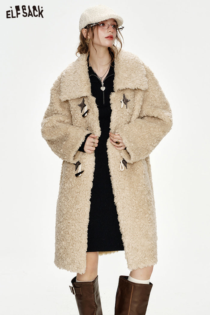 ELFSACK Vintage Khaki Horn Button Polo Collar Long Thick Coat