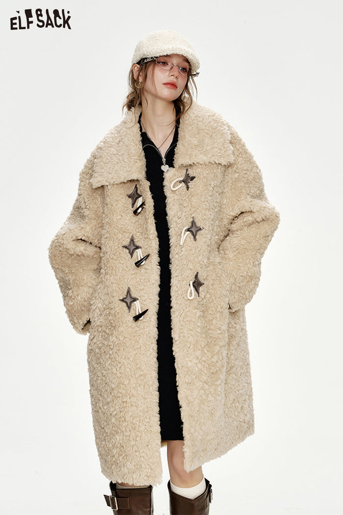 ELFSACK Vintage Khaki Horn Button Polo Collar Long Thick Coat