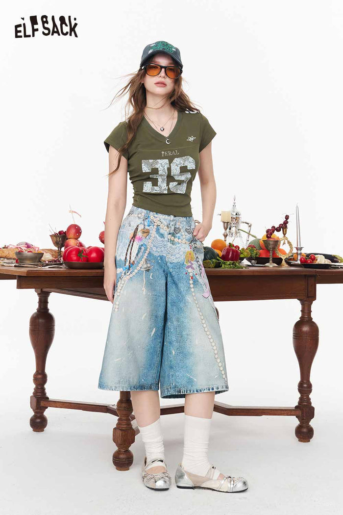 ELFSACK Vintage Lace Number Print Slim V Neck T-shirt