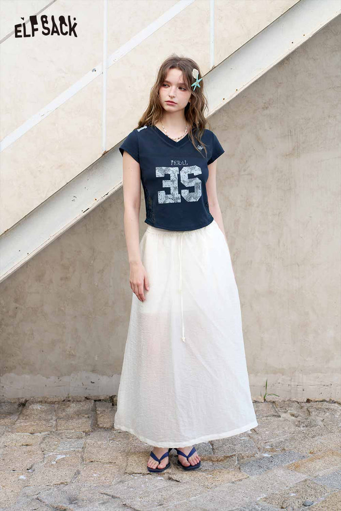 ELFSACK Vintage Lace Number Print Slim V Neck T-shirt