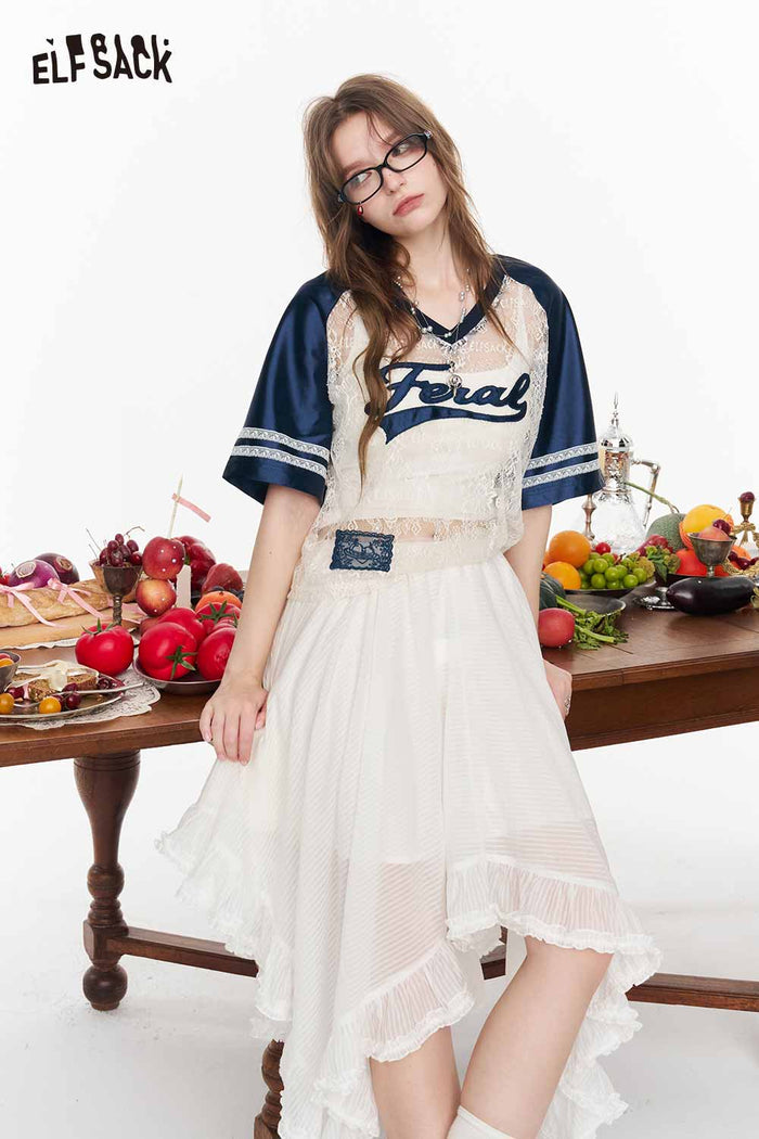 ELFSACK Vintage Letter Print Color Block Baseball T-shirt