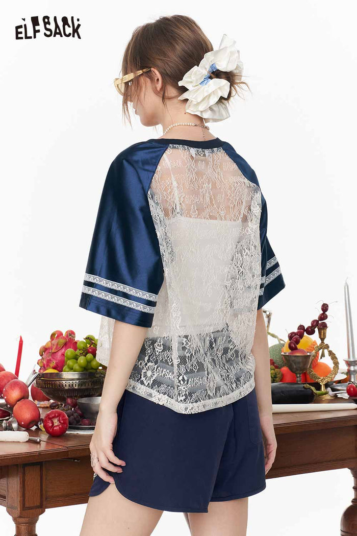 ELFSACK Vintage Letter Print Color Block Baseball T-shirt