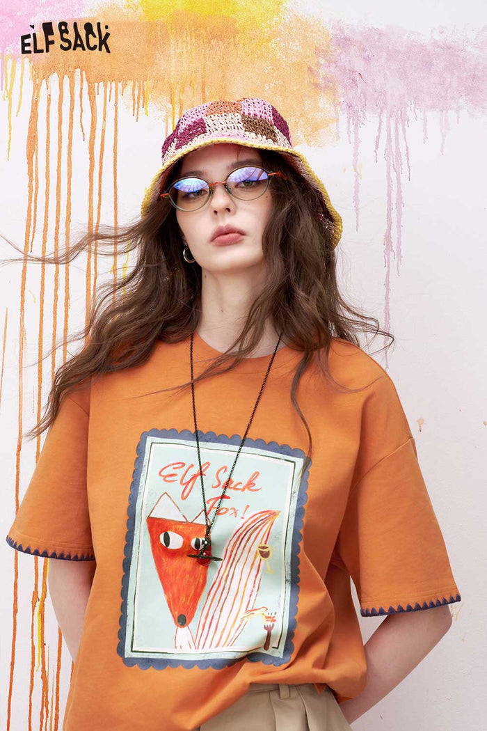 ELFSACK Vintage Poster Print Graphic Tee with Fox Motif