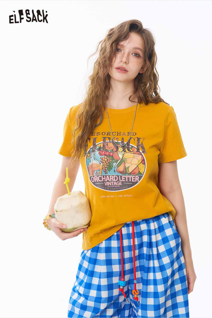 ELFSACK Vintage Print Crop Short Sleeve Tee