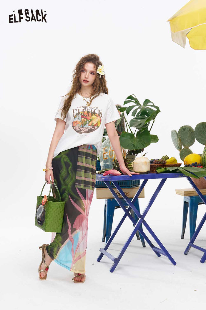 ELFSACK Vintage Print Crop Short Sleeve Tee