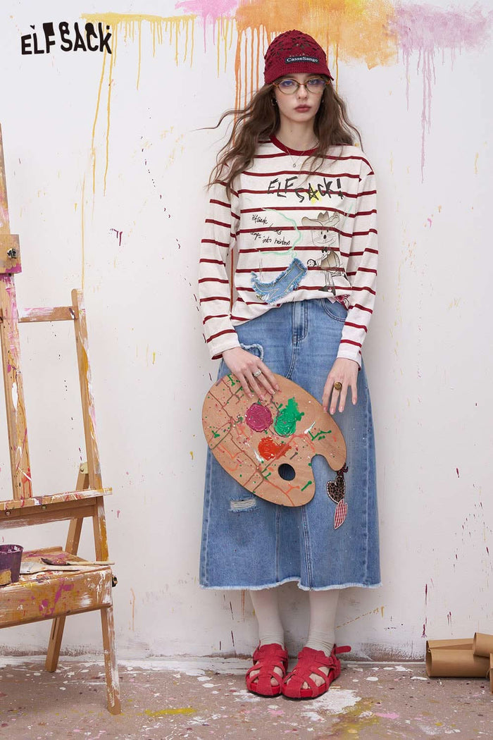 ELFSACK Vintage Stripe Graphic Print Denim Patch Top