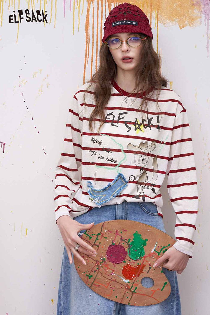 ELFSACK Vintage Stripe Graphic Print Denim Patch Top