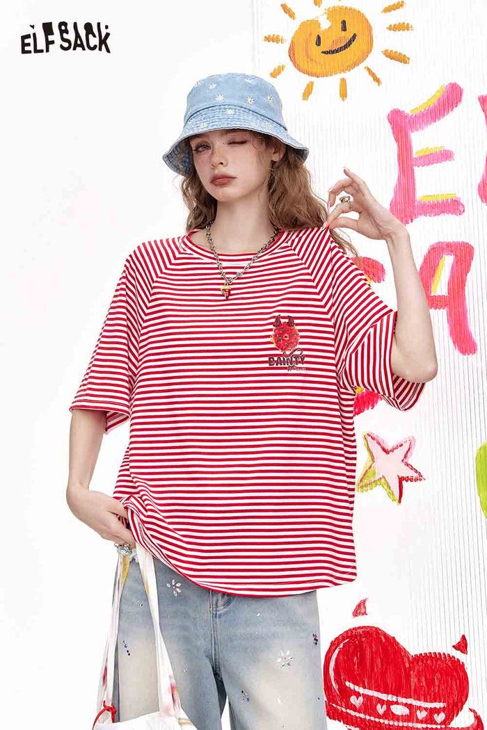 ELFSACK Vintage Stripe Print Loose Oversized Short Sleeve T-Shirt