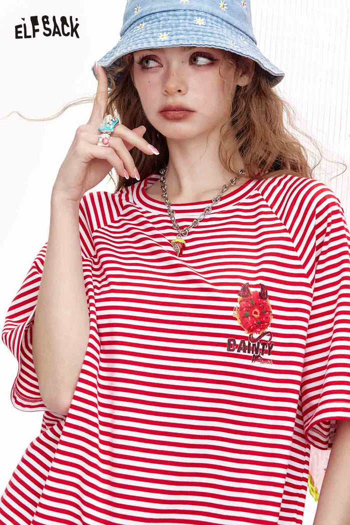 ELFSACK Vintage Stripe Print Loose Oversized Short Sleeve T-Shirt