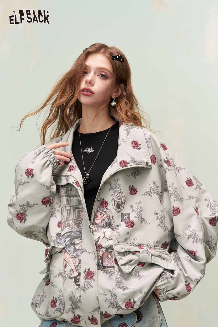 ELFSACK Vintage Sweet Cool Allover Rose Girl Print Drawstring Hooded Jacket