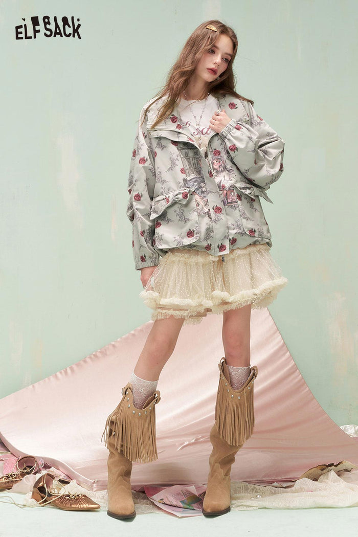 ELFSACK Vintage Sweet Cool Allover Rose Girl Print Drawstring Hooded Jacket
