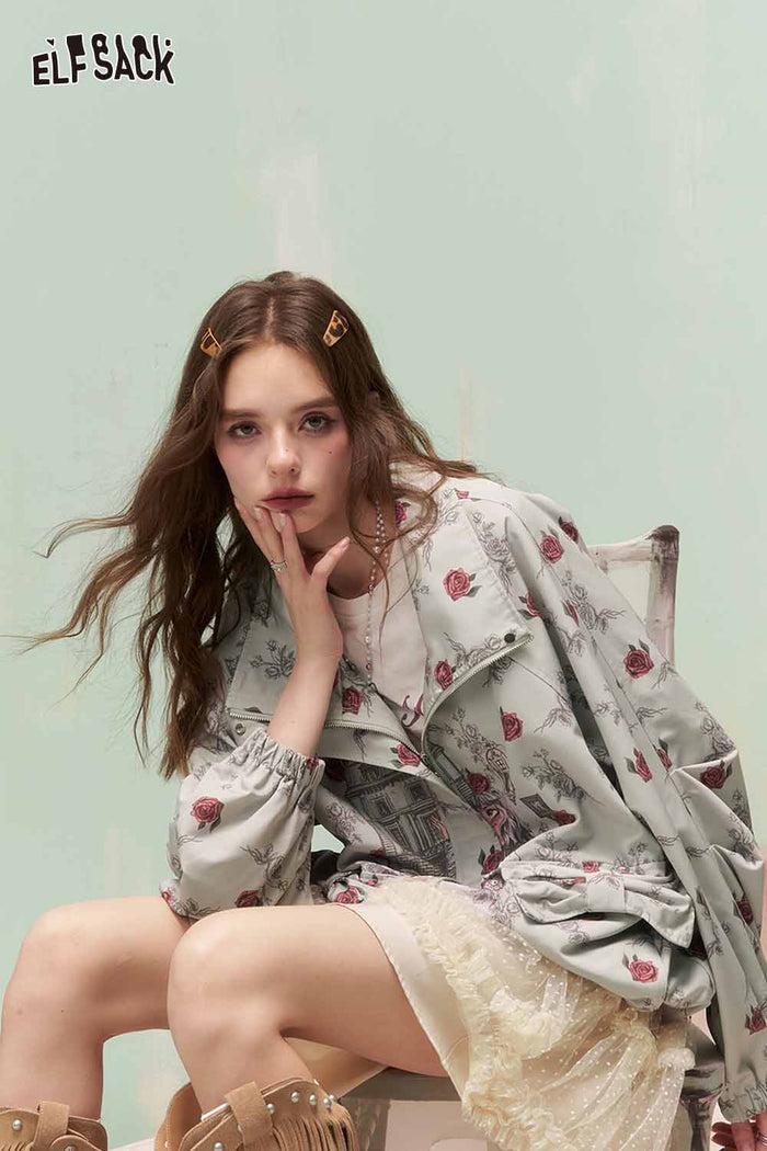 ELFSACK Vintage Sweet Cool Allover Rose Girl Print Drawstring Hooded Jacket
