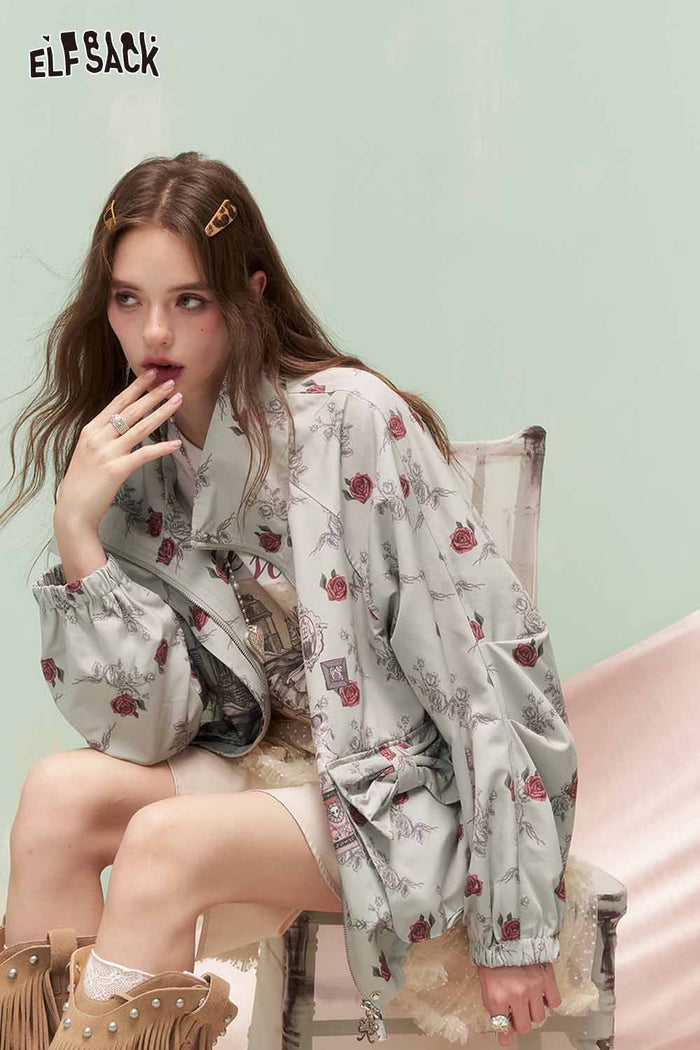 ELFSACK Vintage Sweet Cool Allover Rose Girl Print Drawstring Hooded Jacket