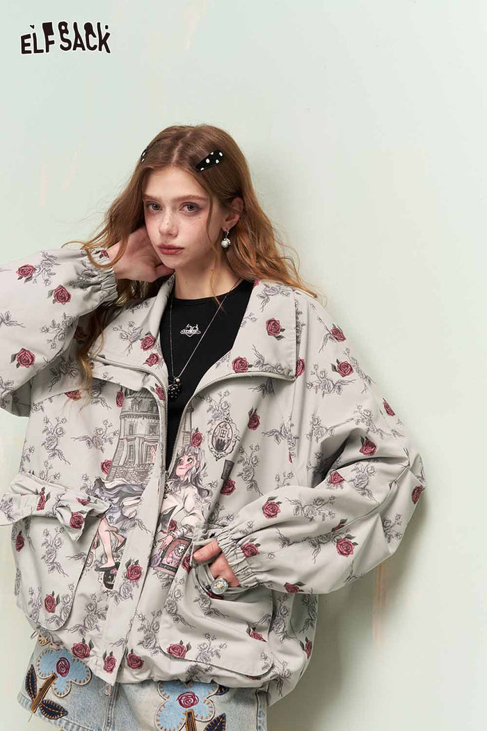 ELFSACK Vintage Sweet Cool Allover Rose Girl Print Drawstring Hooded Jacket